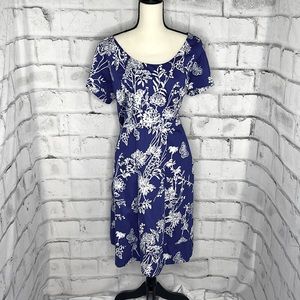 Lands End Blue Dress White Flower Pattern Short Sleeve Low V Back Zipper Sz 20W